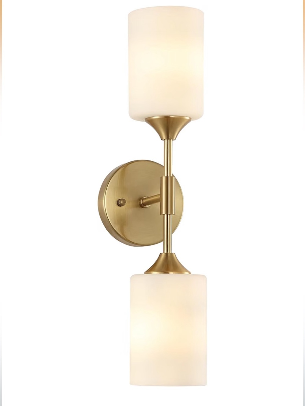 2-Light Gold Wall Sconce White Cylinder Glass Shades Modern Mid Century Light